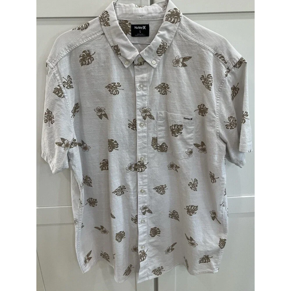 Hurley Men's Tropical Hawaiian Button Up Shirt White Brown Leaf Floral L